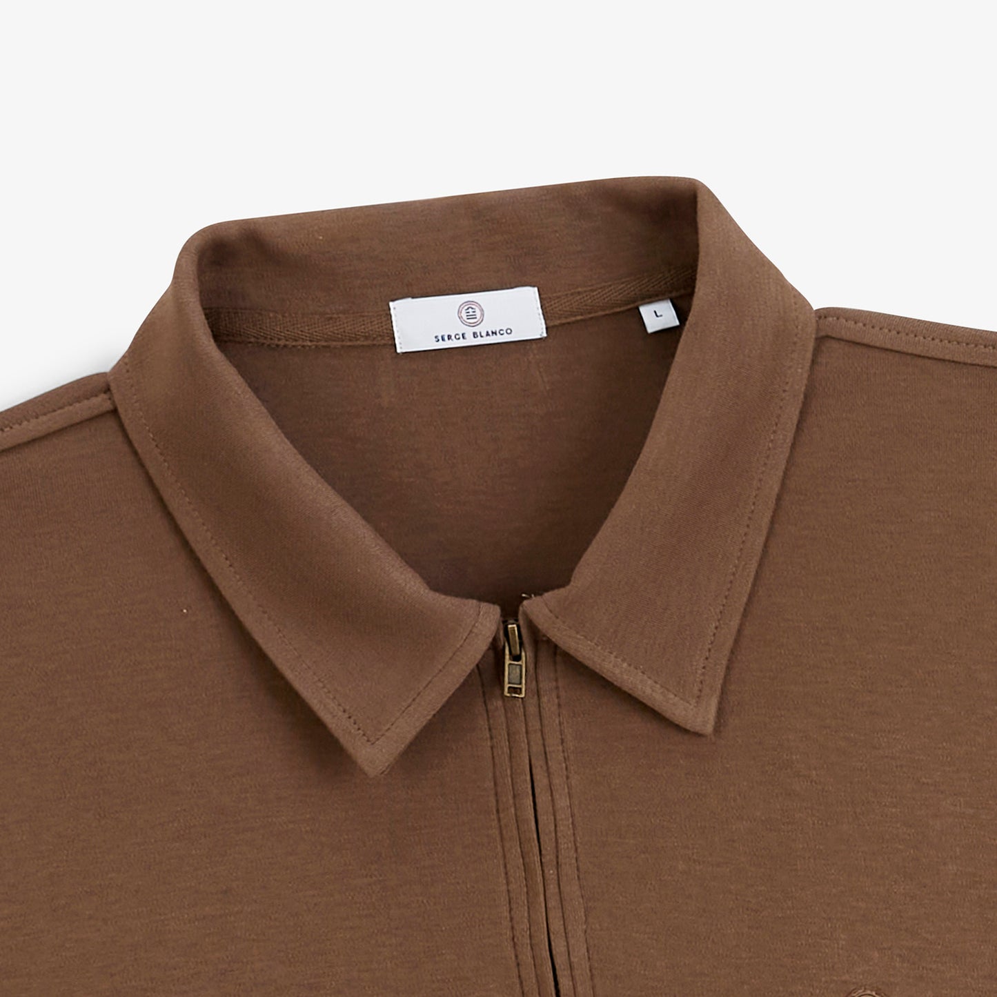 Polo zippé manches longues en coton interlock marron brownie