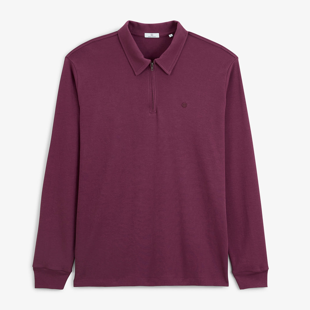 Polo zippé manches longues en coton interlock rouge vigne