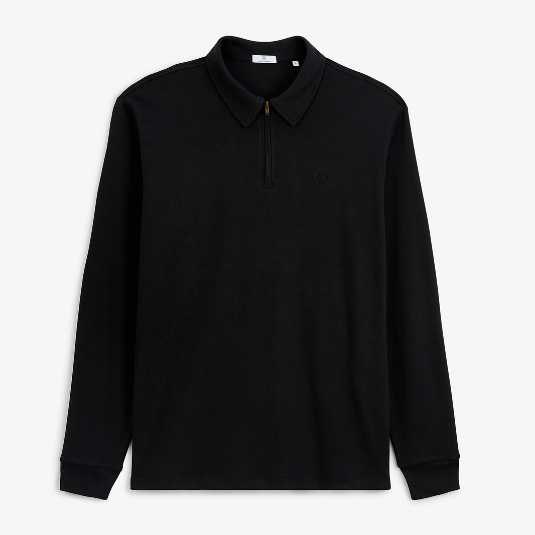 Polo zippé manches longues en coton interlock noir
