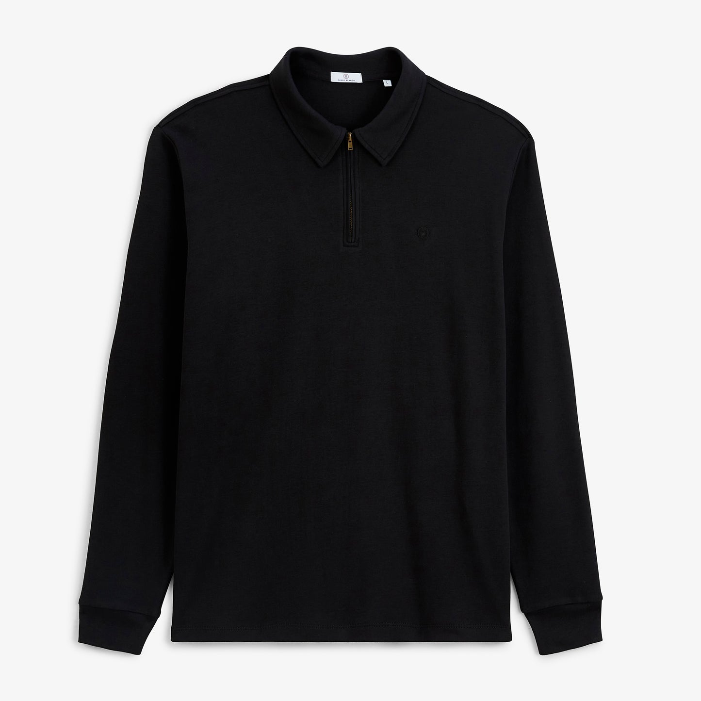 Polo zippé manches longues en coton interlock noir