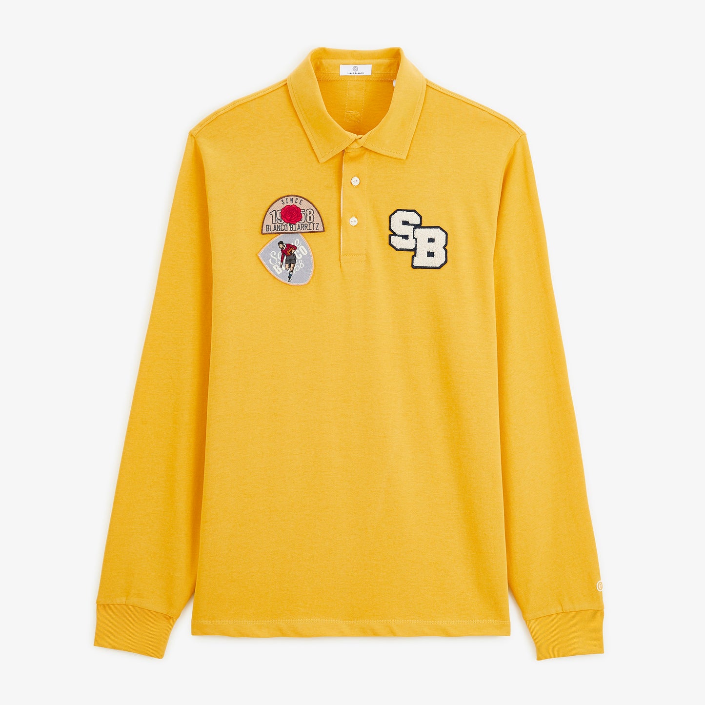 Polo de rugby manches longues badges brodés jaune moutarde