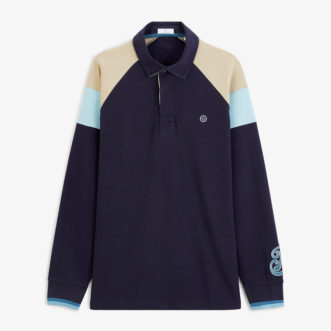 Polo de rugby manches longues raglan tricolore bleu marine