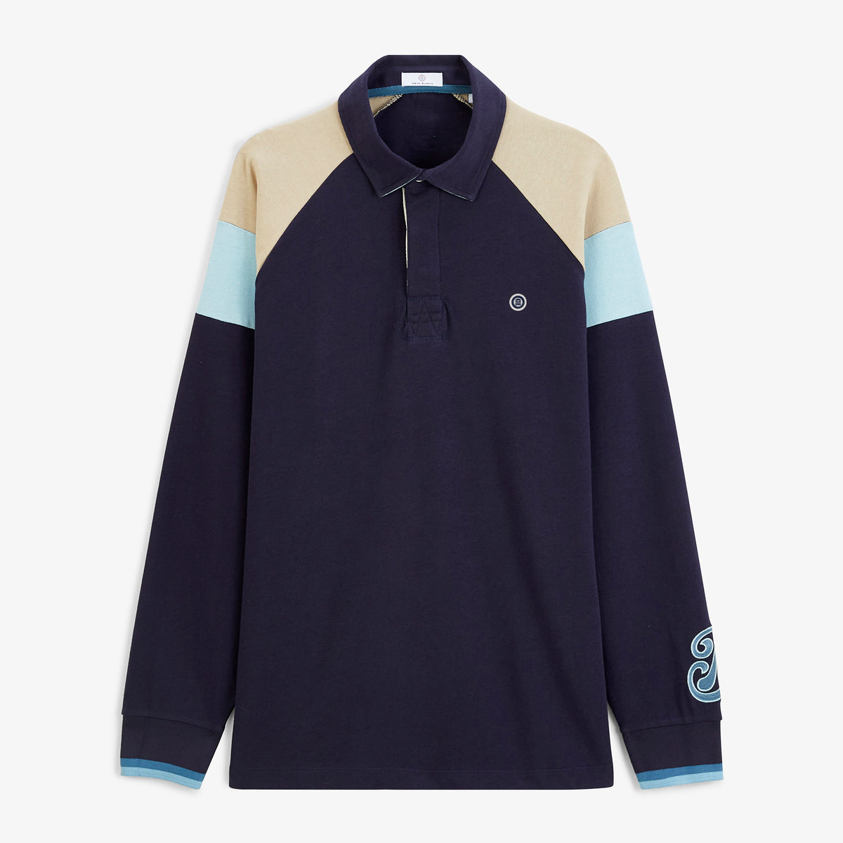Polo de rugby manches longues raglan tricolore bleu marine