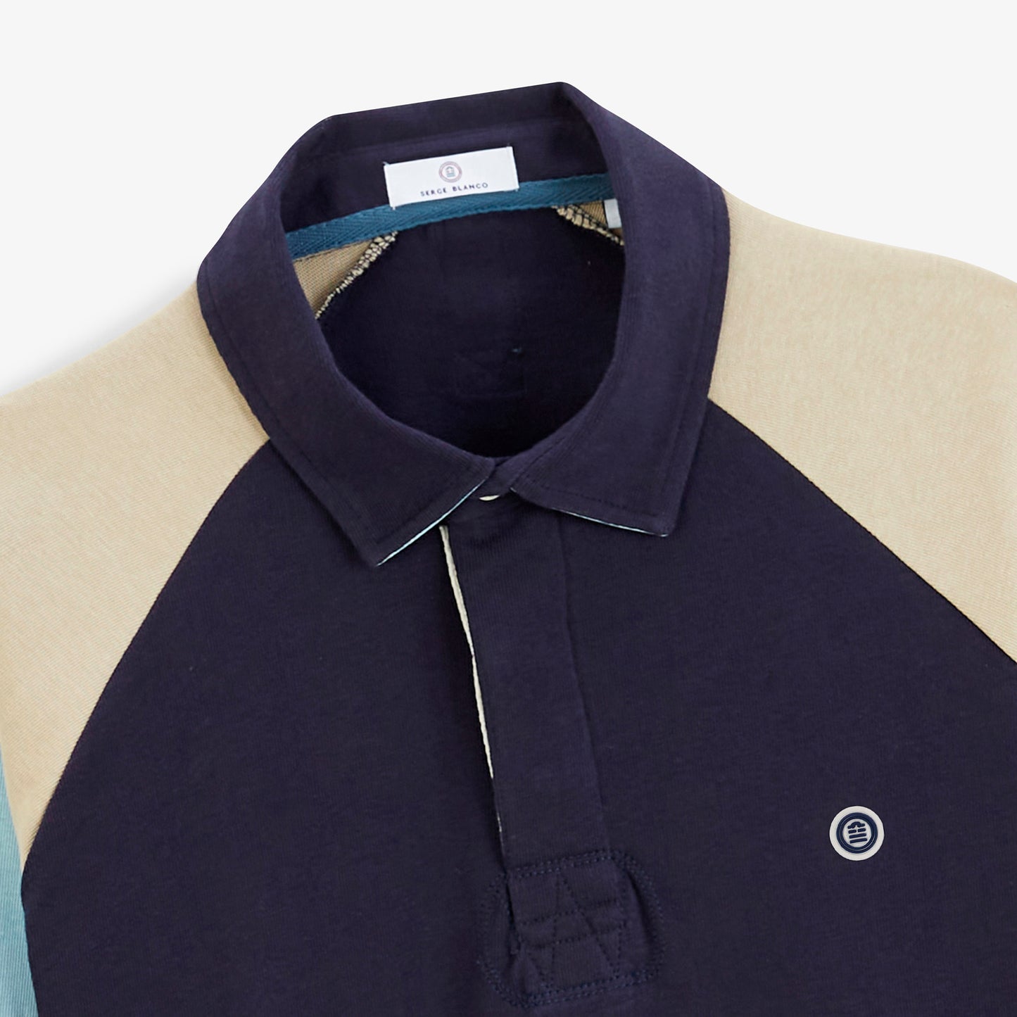 Polo de rugby manches longues raglan tricolore bleu marine