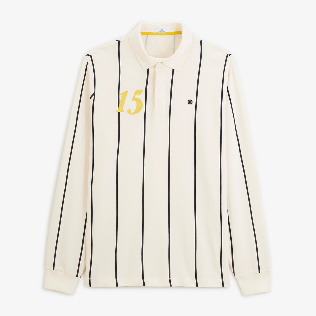 Polo de rugby manches longues rayé broderie 15 blanc cassé