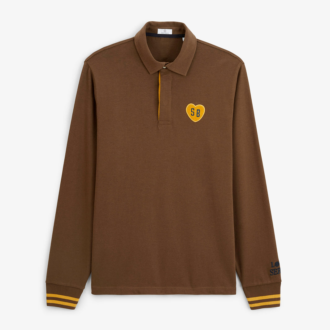 Polo de rugby manches longues badge cœur bouclette marron brownie