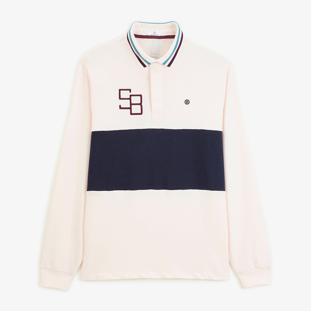 Polo de rugby manches longues bicolore broderie SB blanc cassé