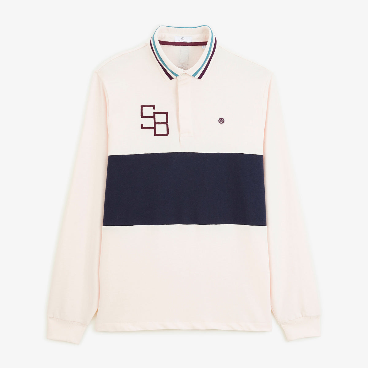 Polo de rugby manches longues bicolore broderie SB blanc cassé