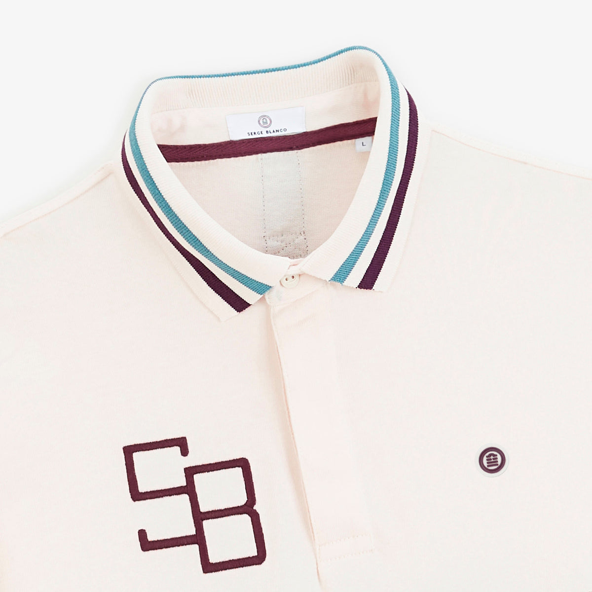 Polo de rugby manches longues bicolore broderie SB blanc cassé