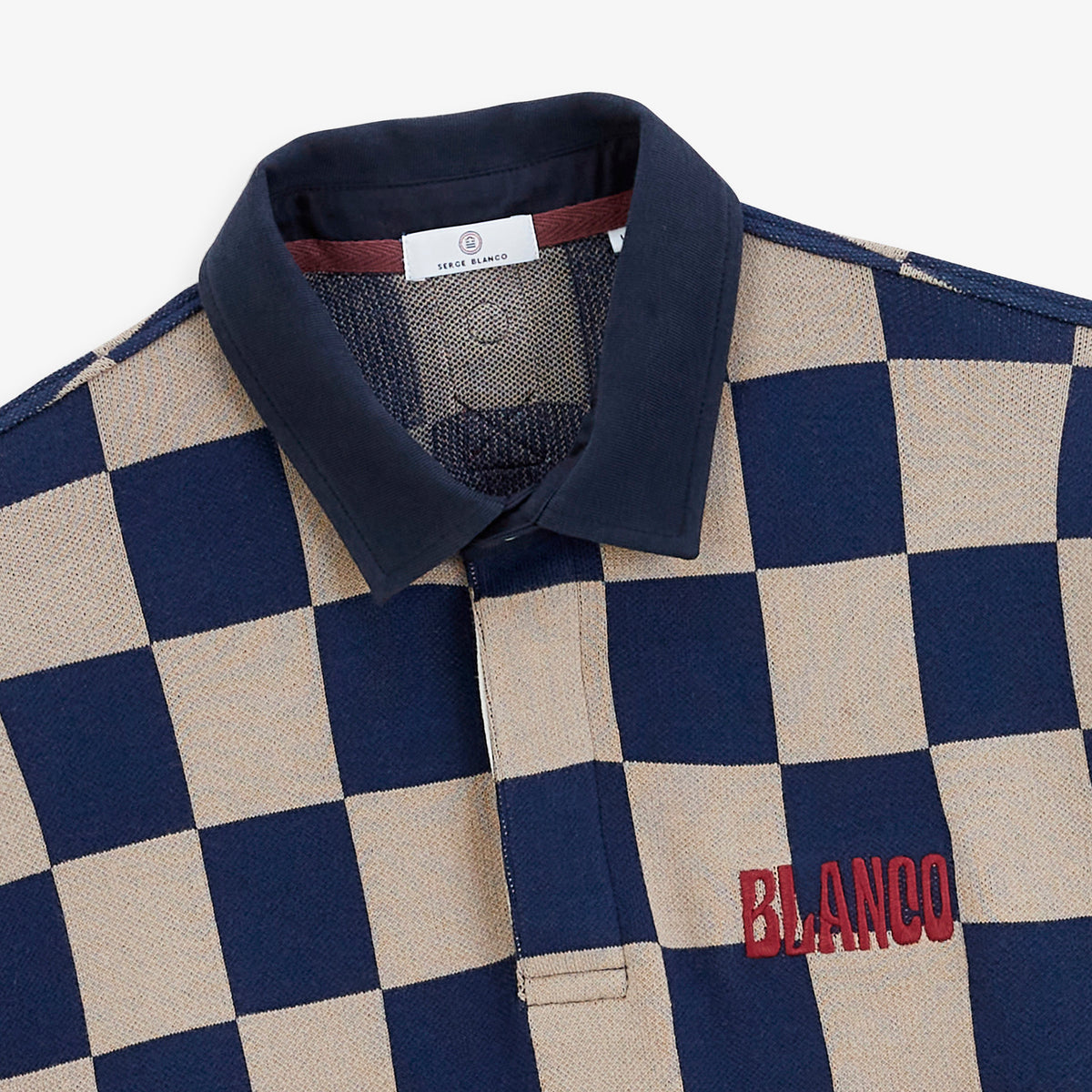 Polo de rugby manches longues imprimé damier broderie Blanco beige travertin
