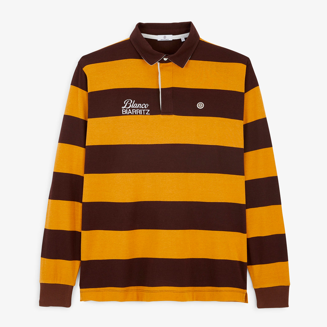 Polo de rugby manches longues rayé broderie BLANCO BIARRITZ marron brownie
