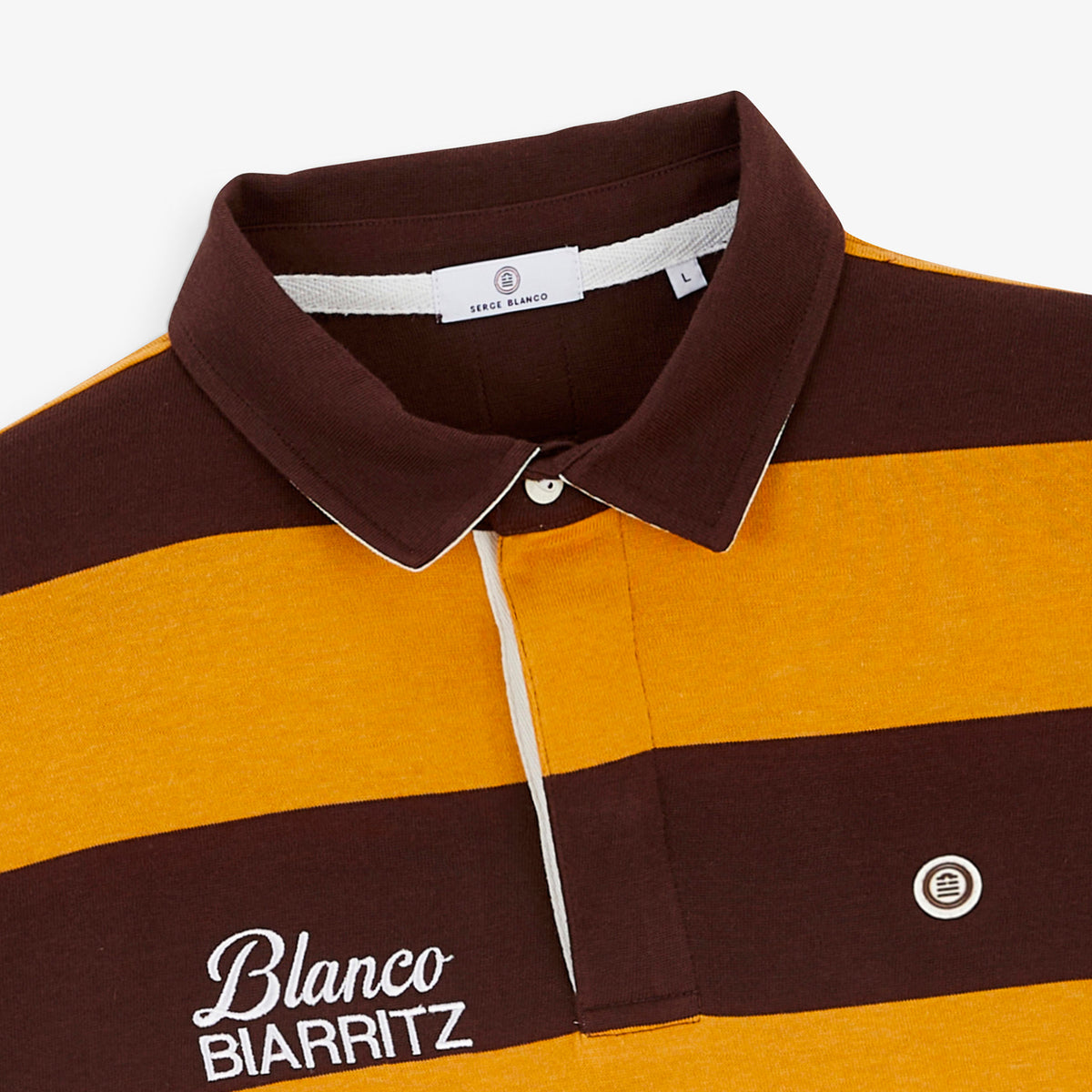 Polo de rugby manches longues rayé broderie BLANCO BIARRITZ marron brownie