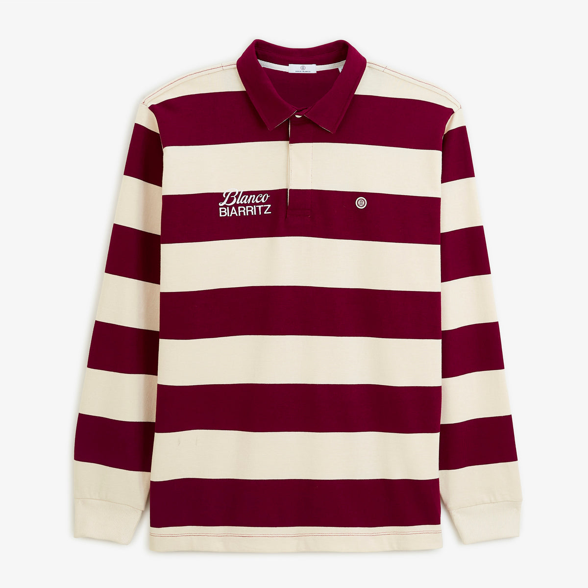 Polo de rugby manches longues rayé broderie BLANCO BIARRITZ rouge vigne
