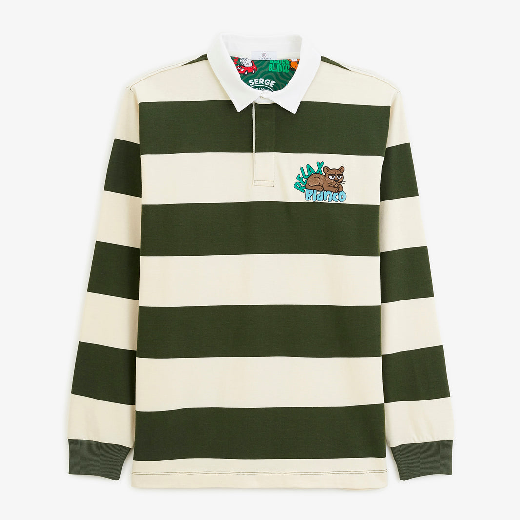 Polo de rugby manches longues rayé broderie Funky Animals vert thym