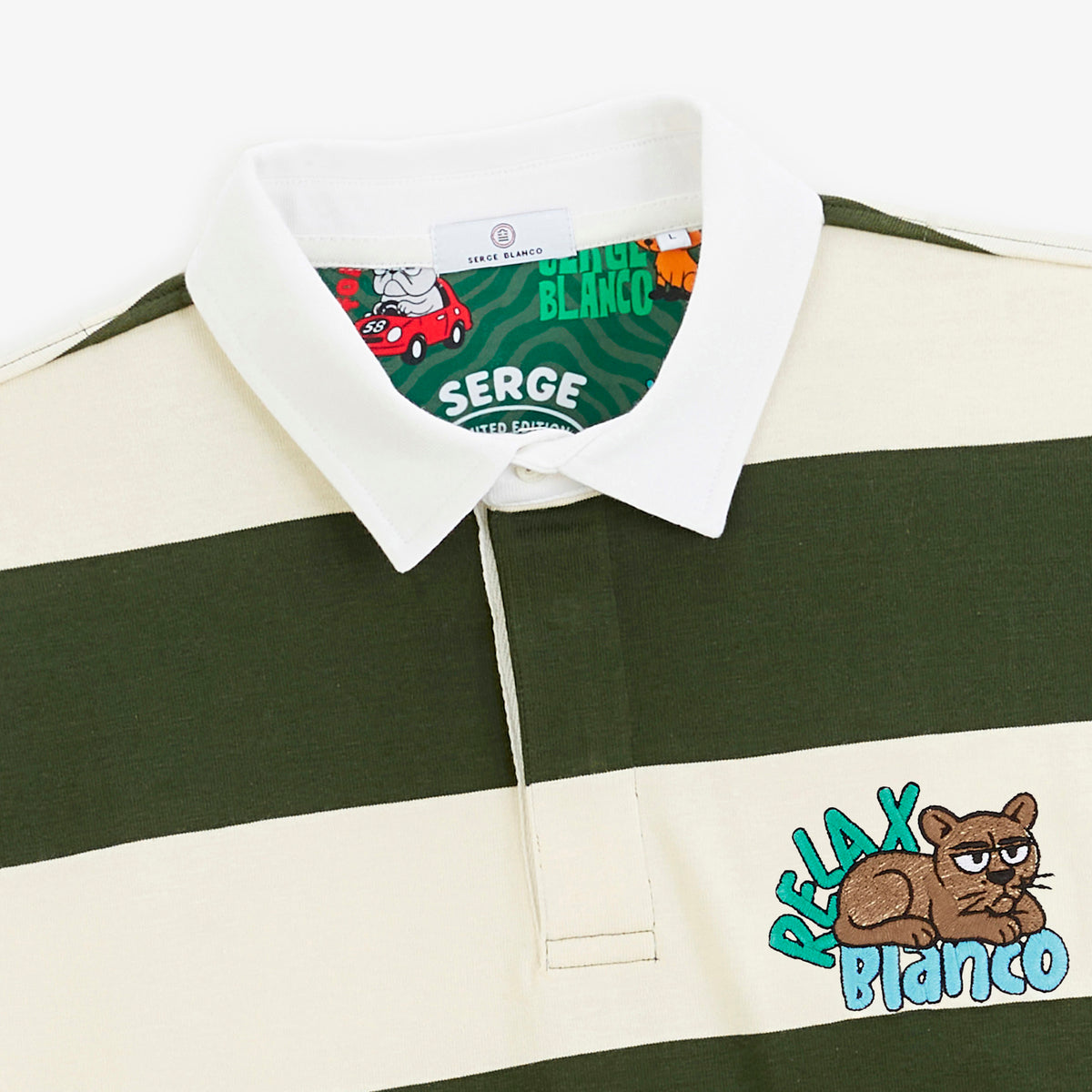 Polo de rugby manches longues rayé broderie Funky Animals vert thym