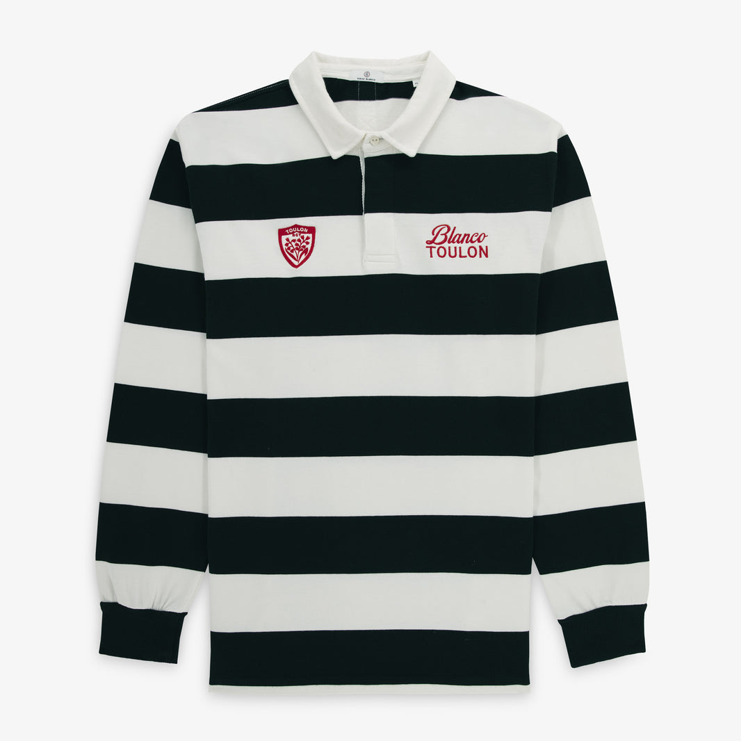 Polo rugby manches longues coton rayé noir et blanc RCT