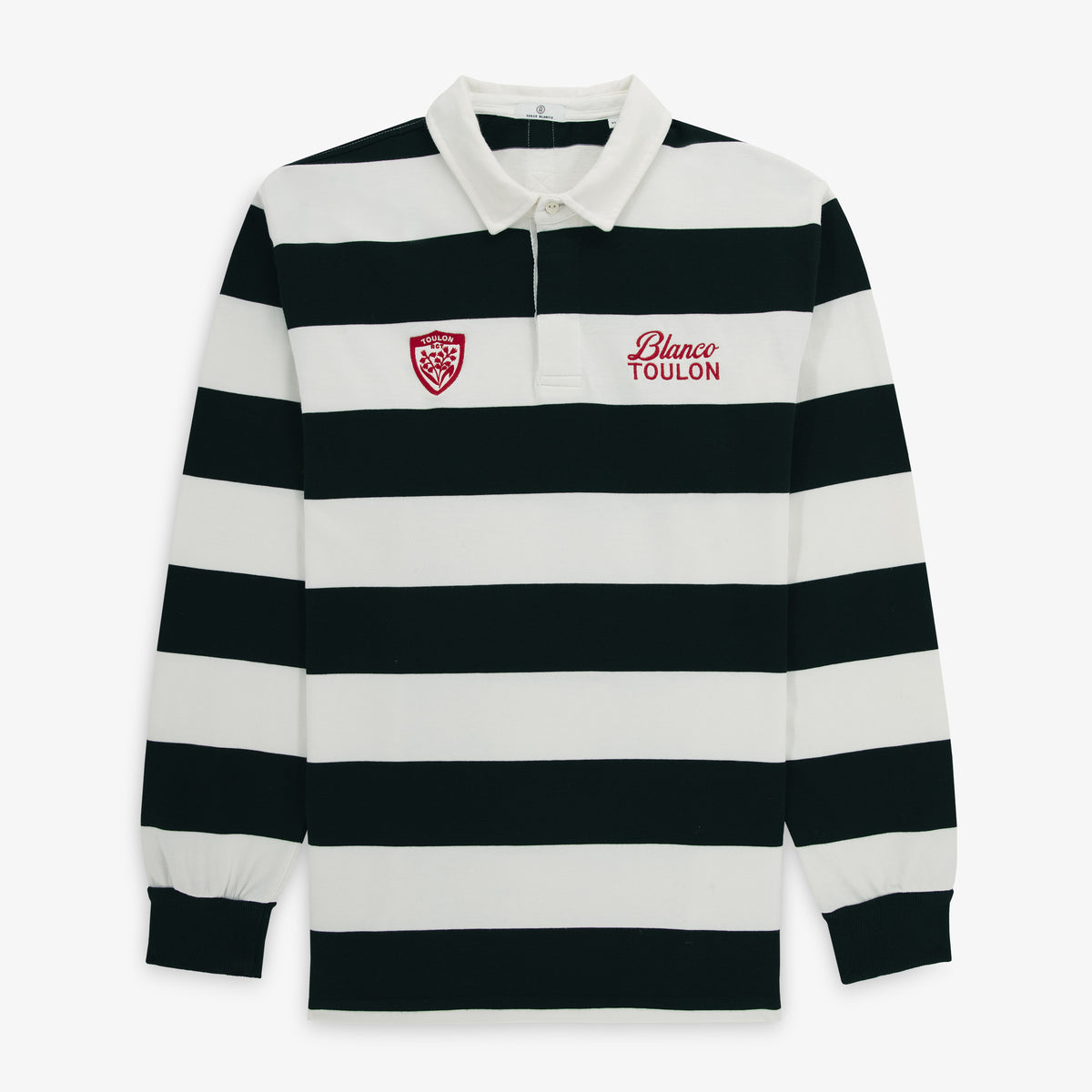 Polo rugby manches longues coton rayé noir et blanc RCT