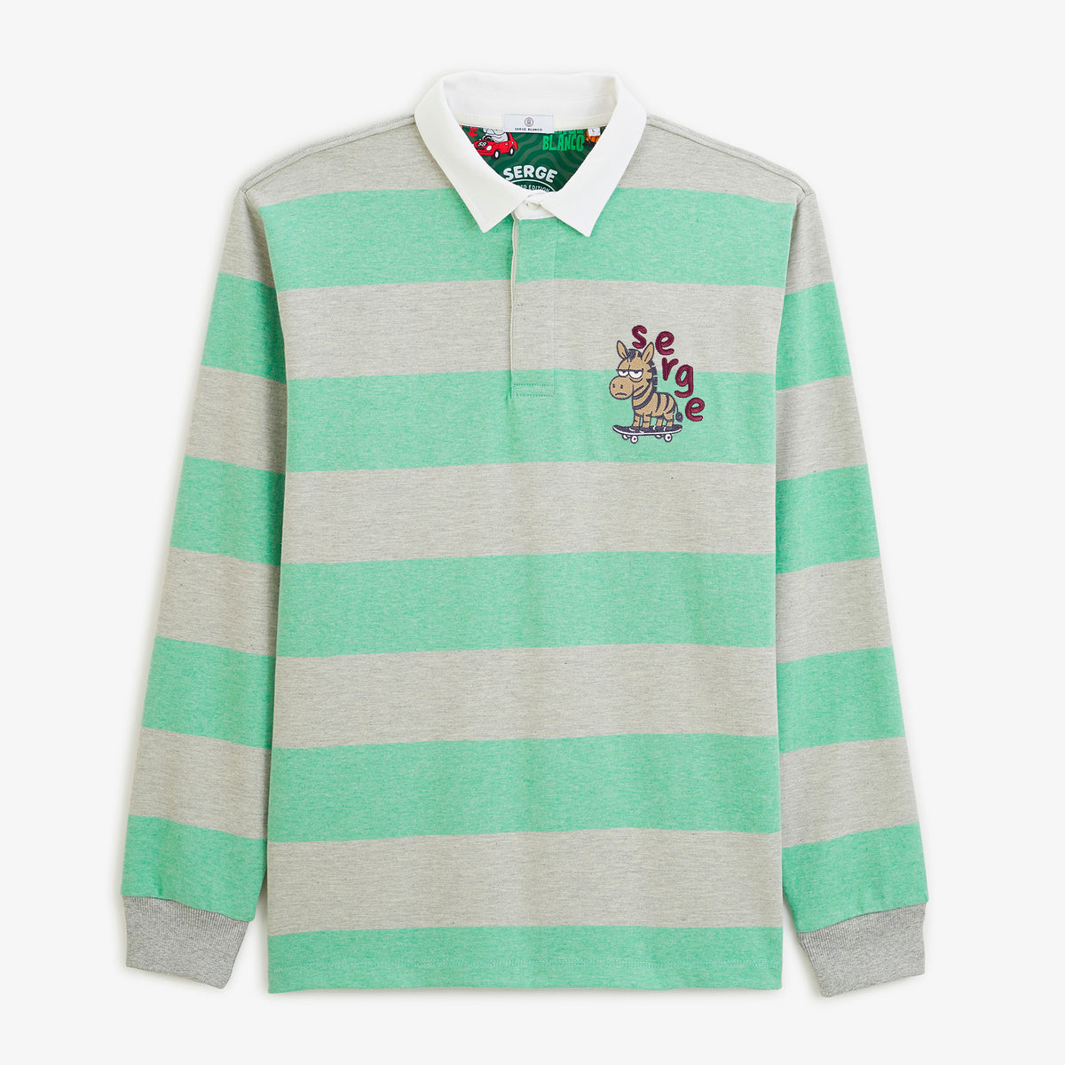 Polo rugby manches longues rayé coton gris brodé Funky Animals