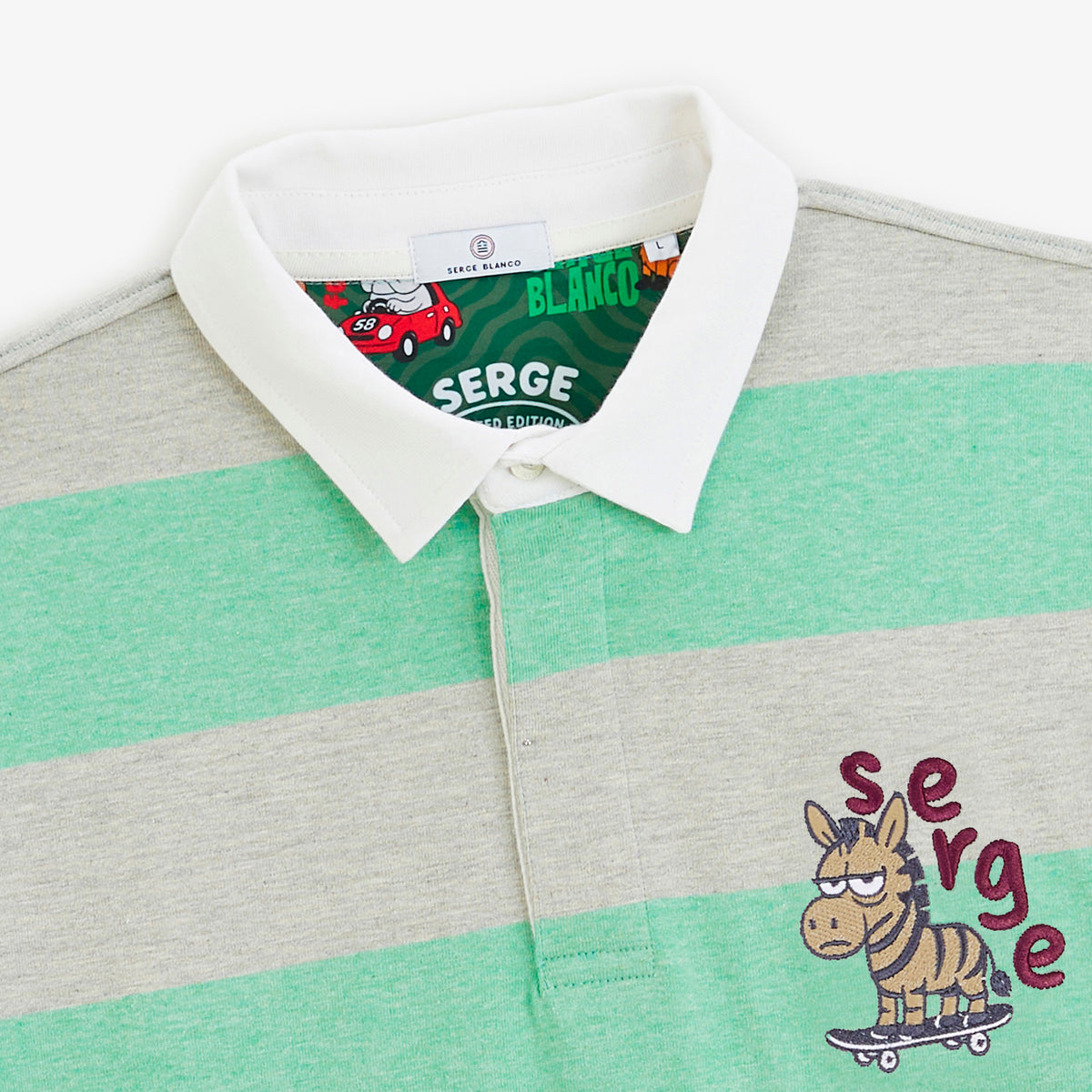 Polo rugby manches longues rayé coton gris brodé Funky Animals