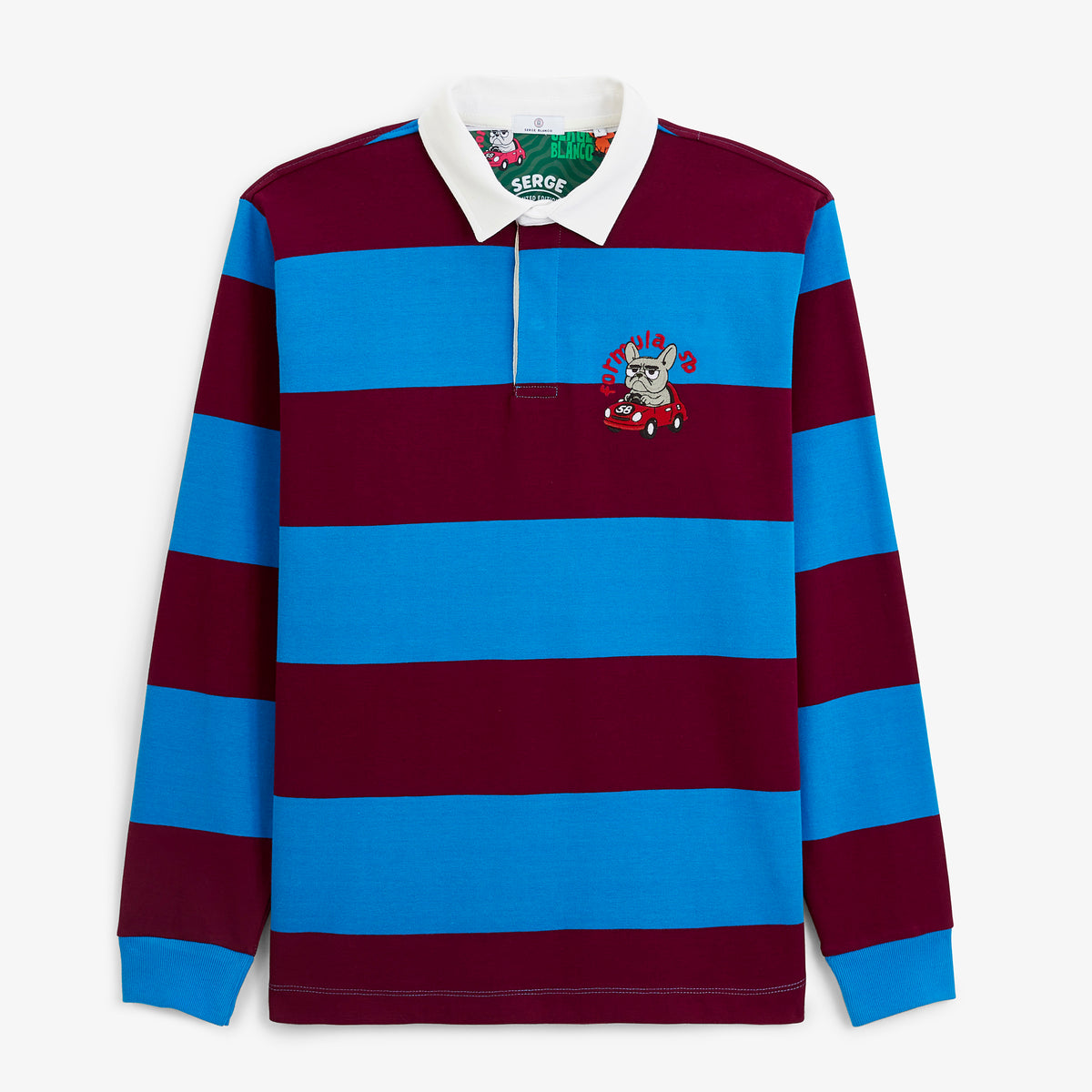Polo de rugby manches longues rayé broderie Funky Animals rouge vigne