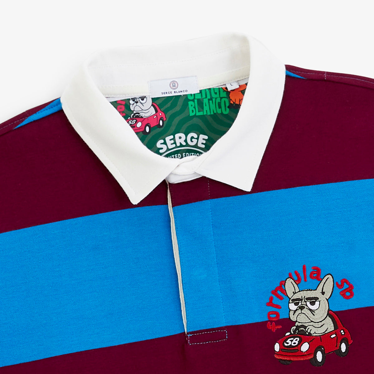 Polo de rugby manches longues rayé broderie Funky Animals rouge vigne