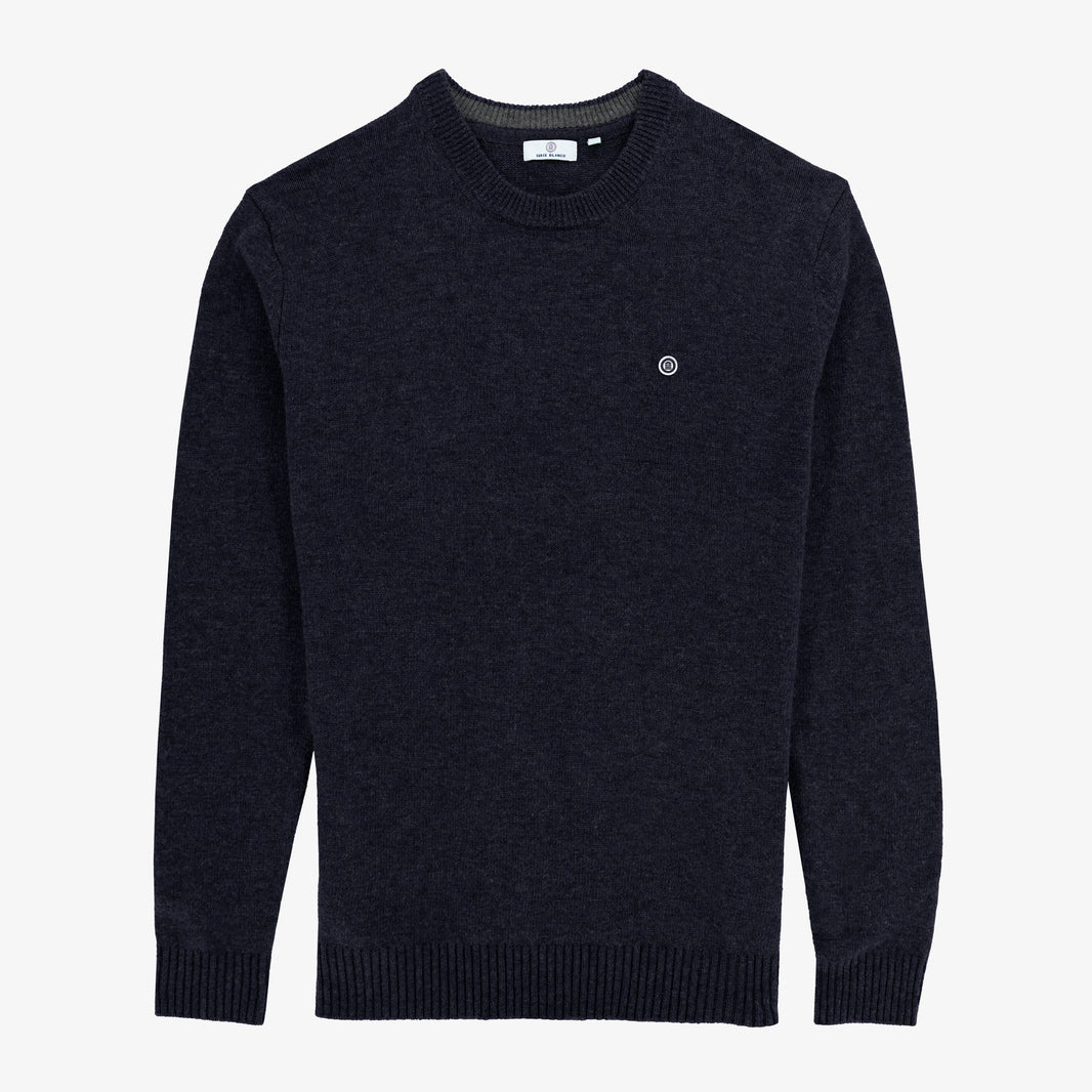 Pull col rond en maille jersey de laine bleu marine
