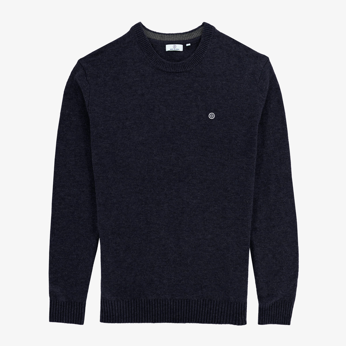 Pull col rond en maille jersey de laine bleu marine