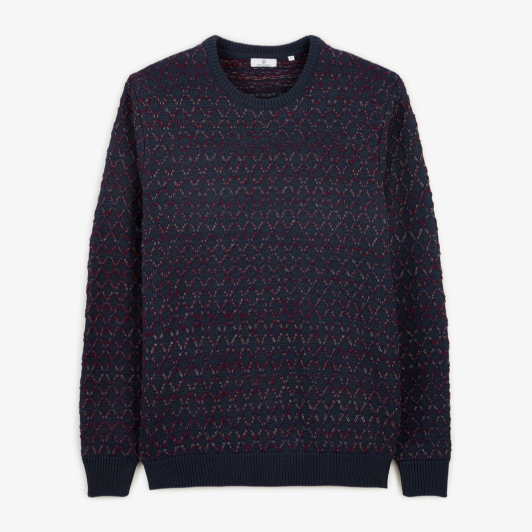 Pull Marat jacquard laine col rond bleu marine