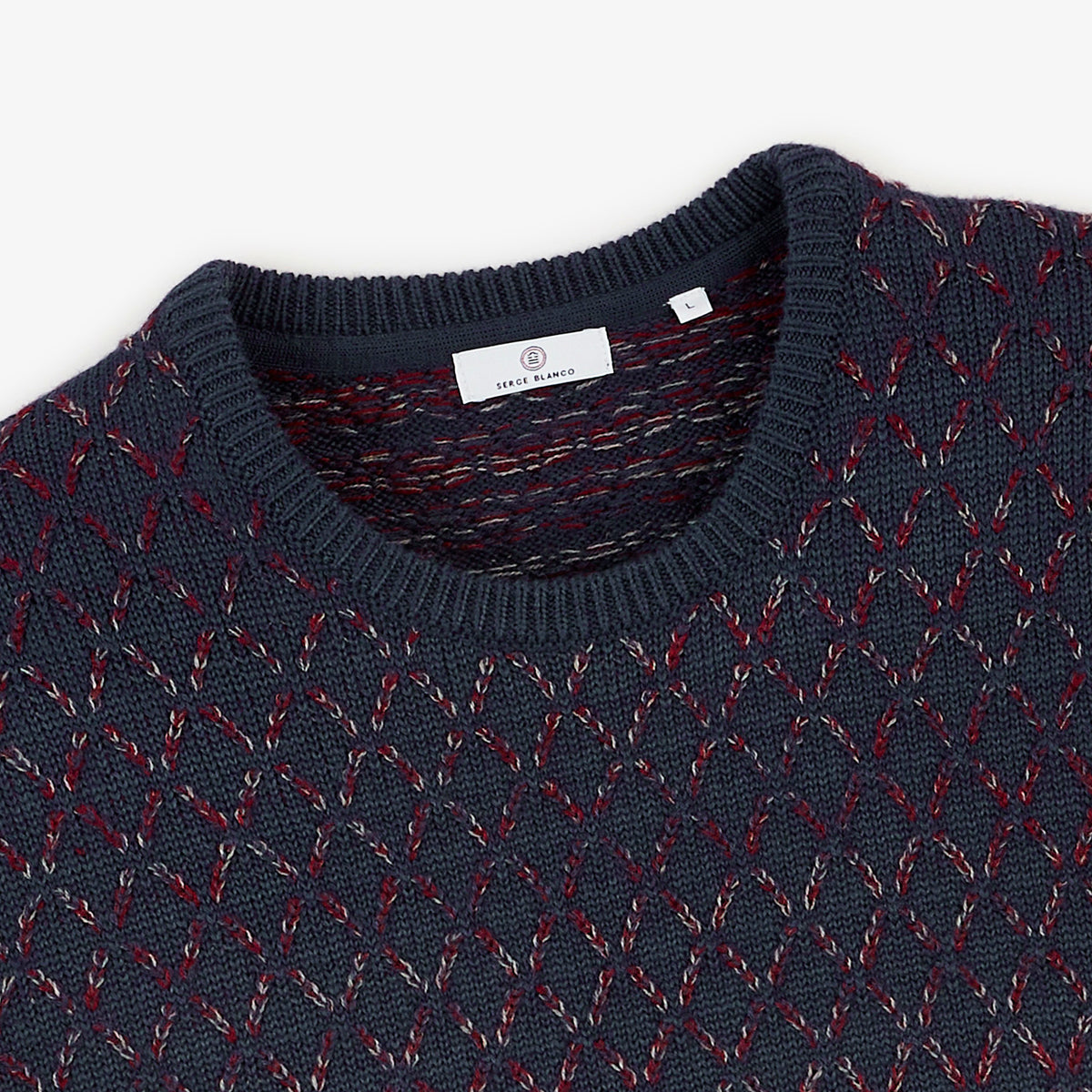 Pull Marat jacquard laine col rond bleu marine