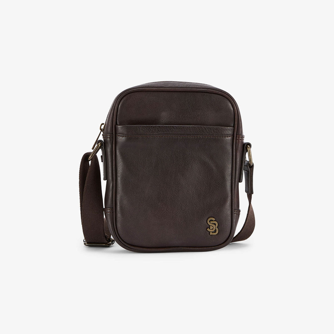 Kleine bruine leren schoudertas met metalen logo voor heren SERGE BLANCO