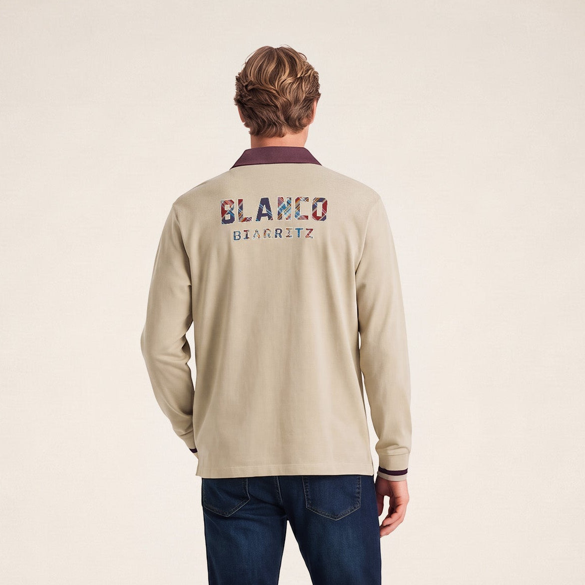 Polo de rugby manches longues BLANCO BIARRITZ dos tartan beige travertin