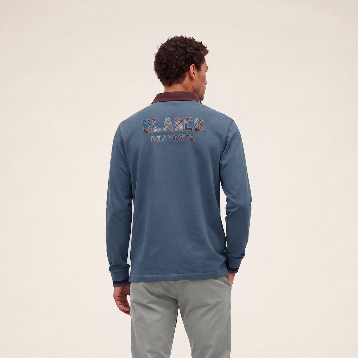 Polo de rugby manches longues BLANCO BIARRITZ dos tartan bleu lupin