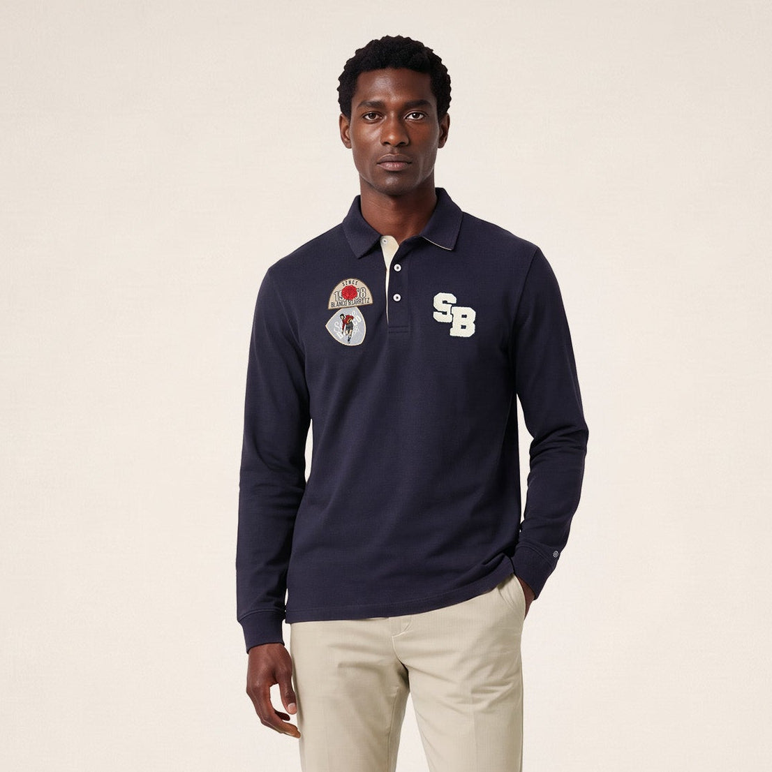 Polo de rugby manches longues badges brodés bleu marine