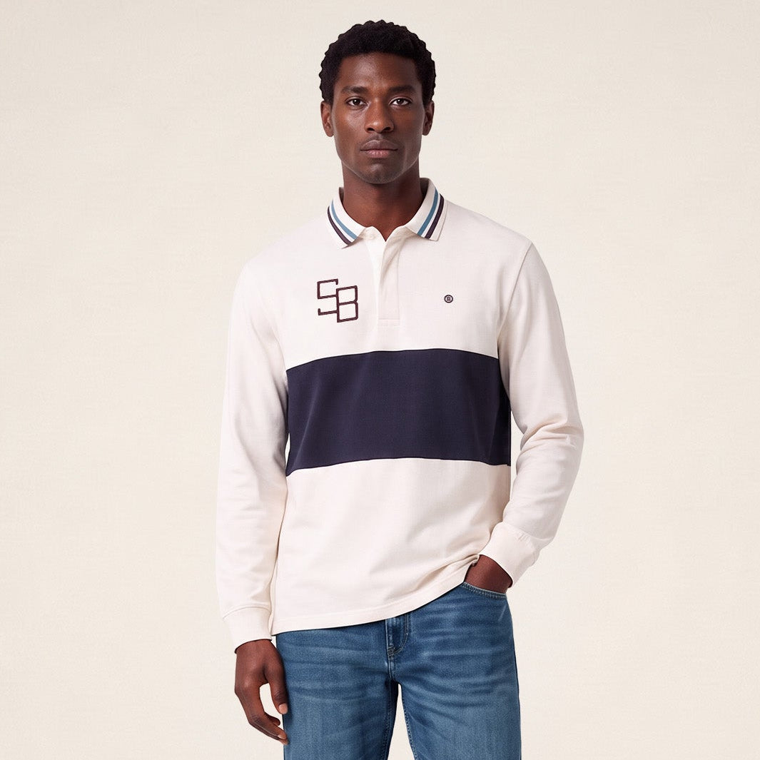 Polo de rugby manches longues bicolore broderie SB blanc cassé