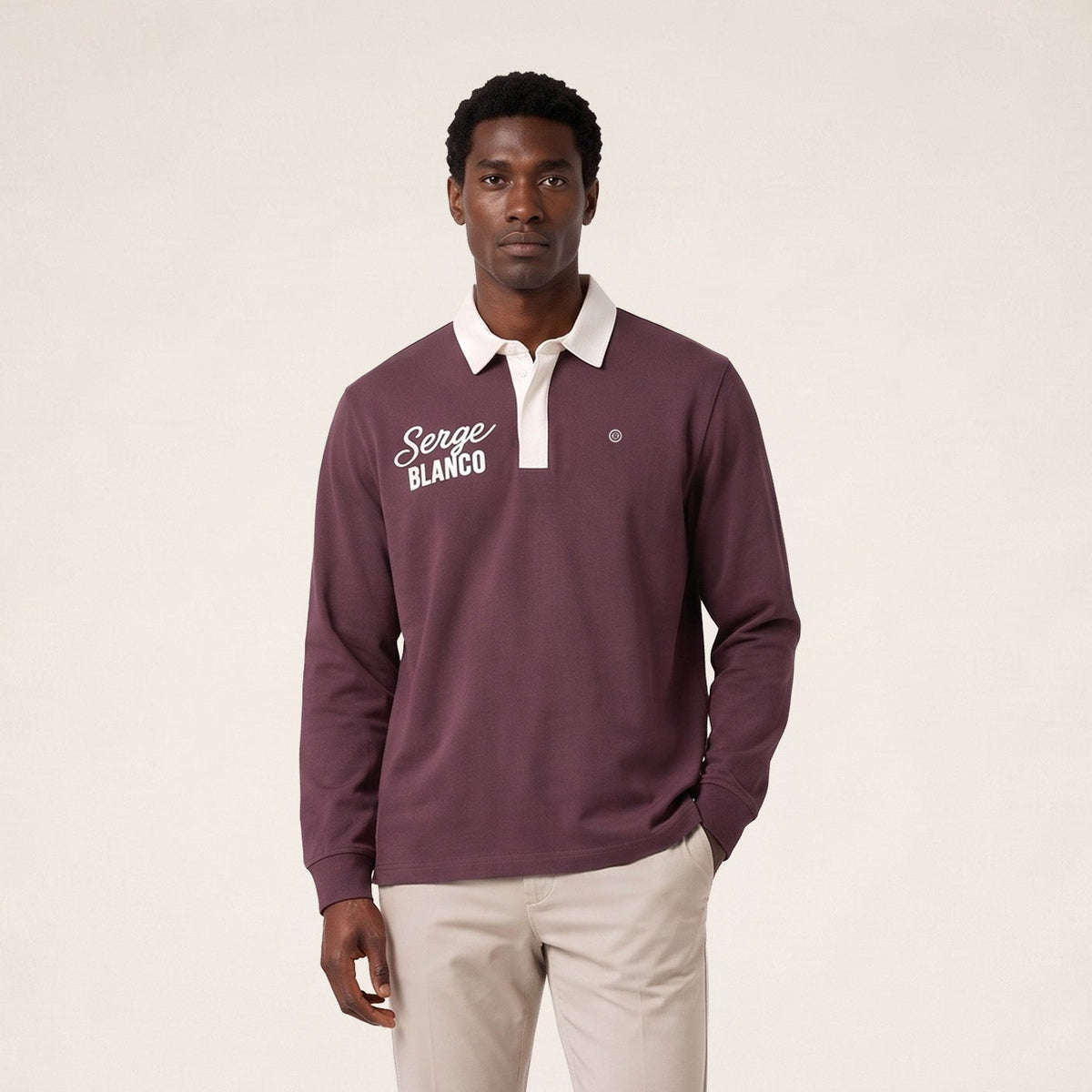 Polo de rugby manches longues col contrasté broderie cornely SERGE BLANCO rouge vigne