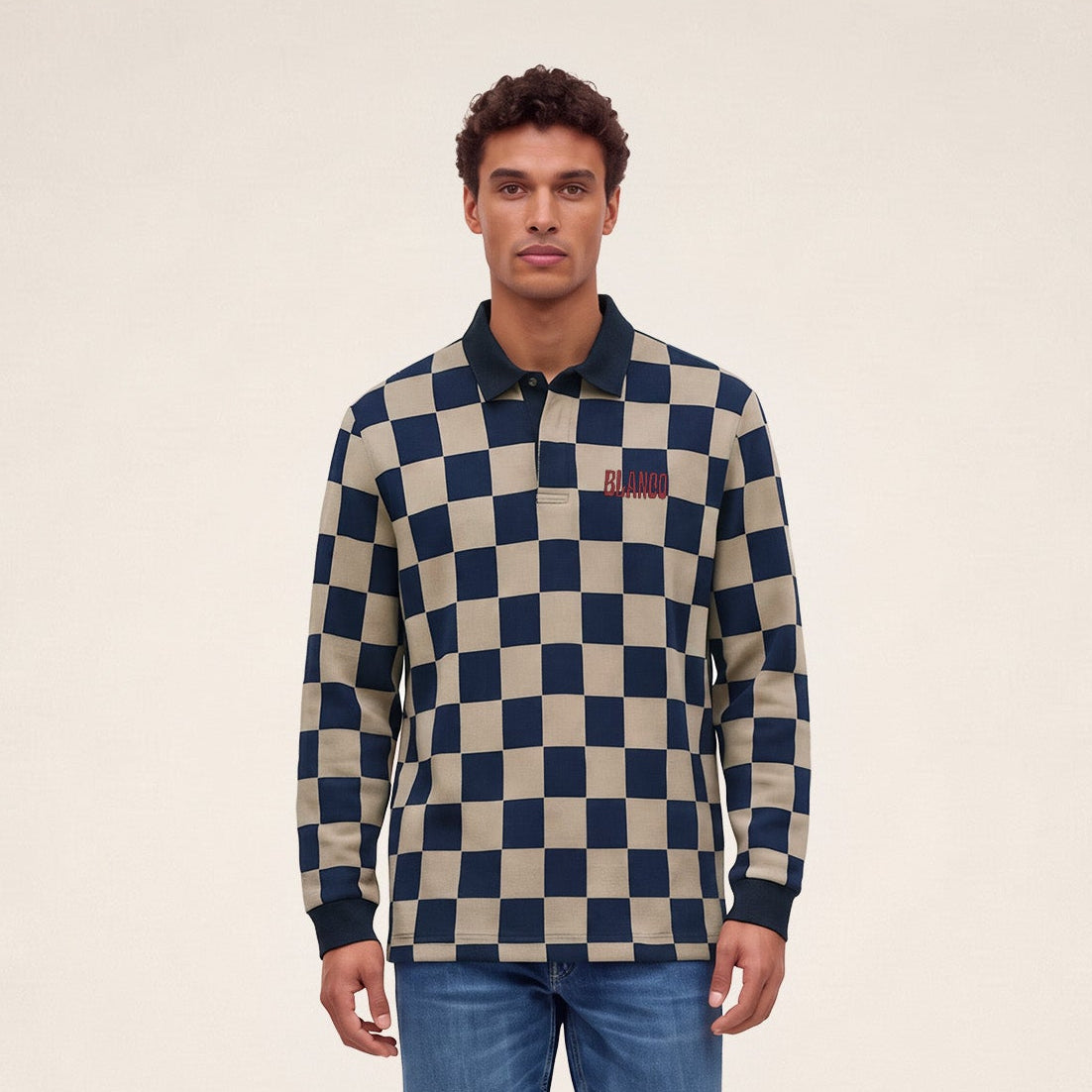 Polo de rugby manches longues imprimé damier broderie Blanco beige travertin