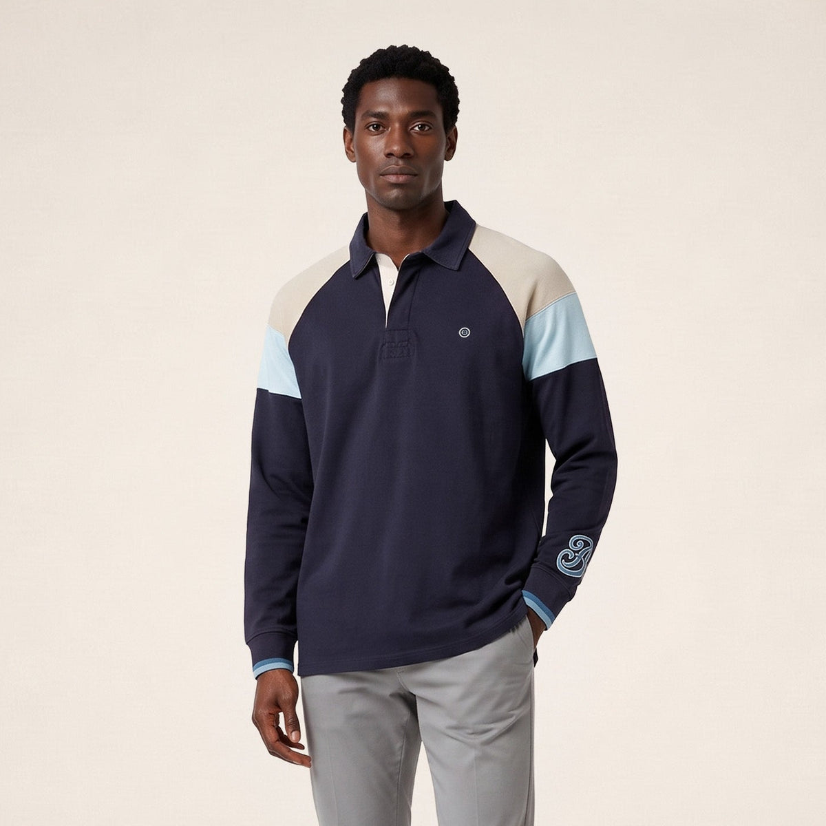 Polo de rugby manches longues raglan tricolore bleu marine