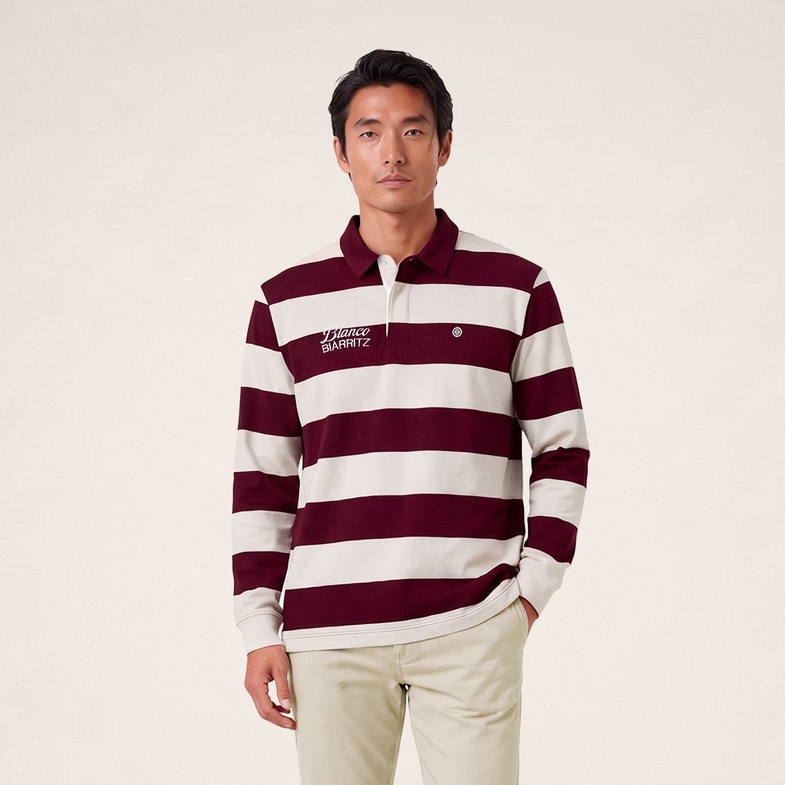 Polo de rugby manches longues rayé broderie BLANCO BIARRITZ rouge vigne