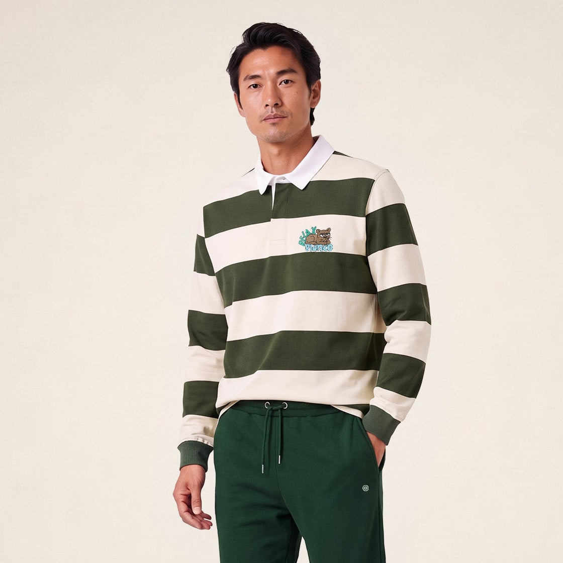 Polo de rugby manches longues rayé broderie Funky Animals vert thym