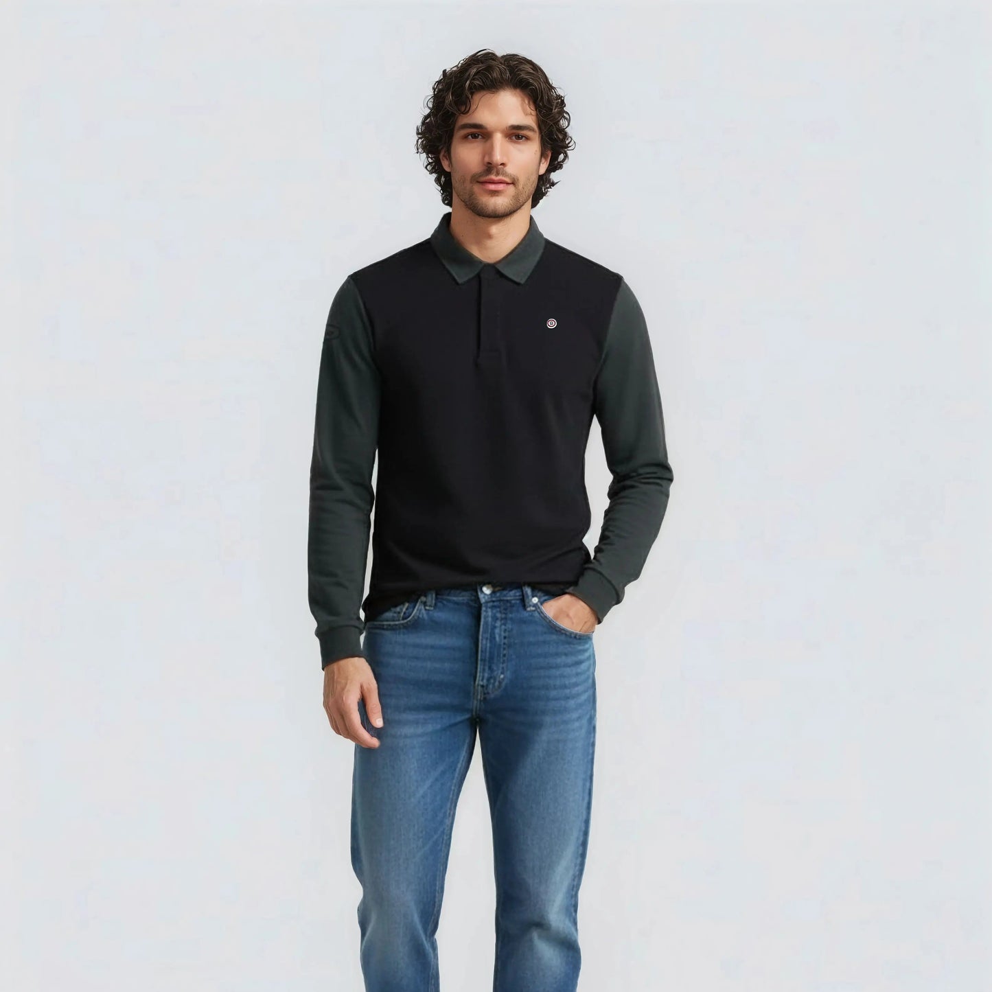 Polo manches longues en coton noir Livio homme serge blanco
