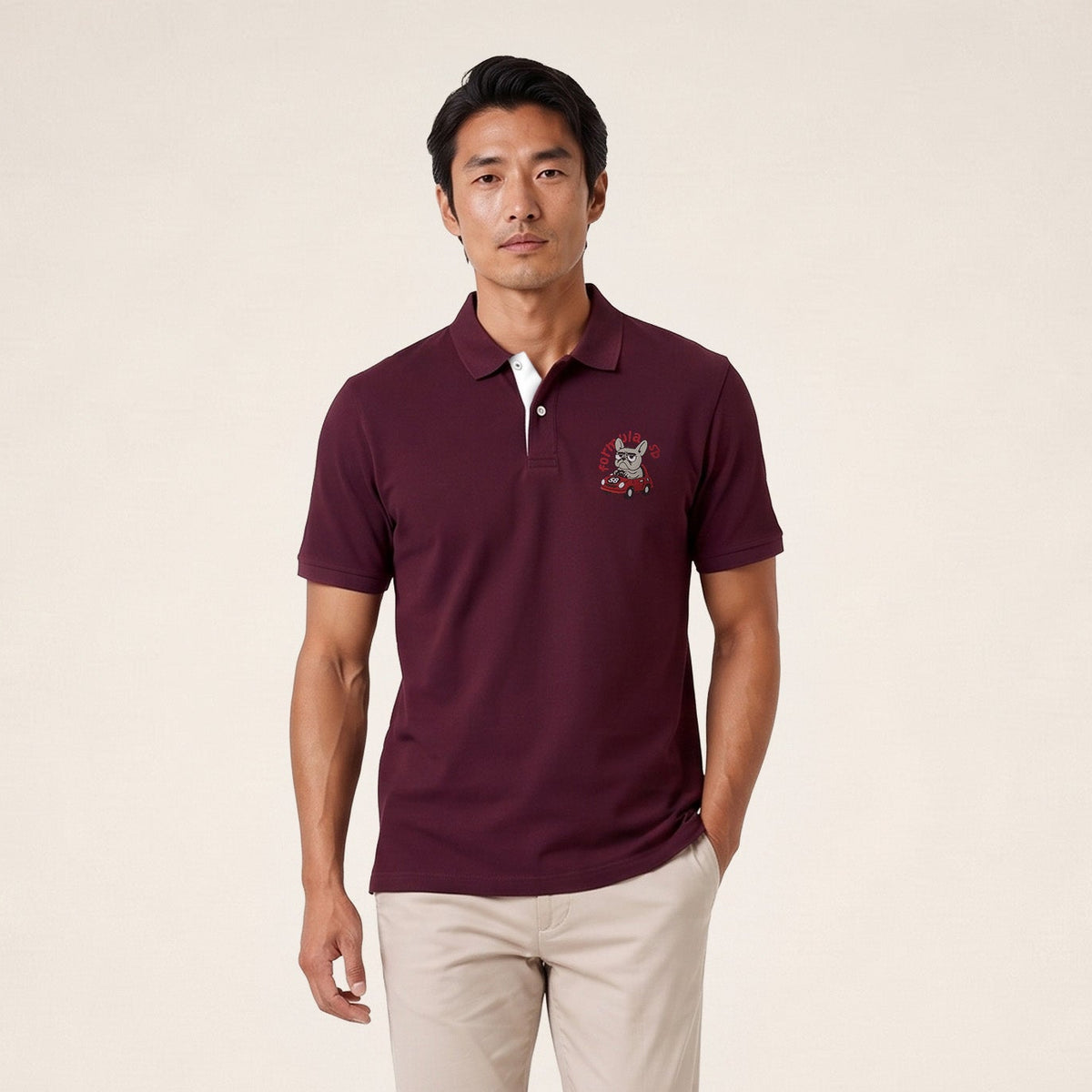 Polo piqué manches courtes en coton rouge vigne brodé Funky Animals