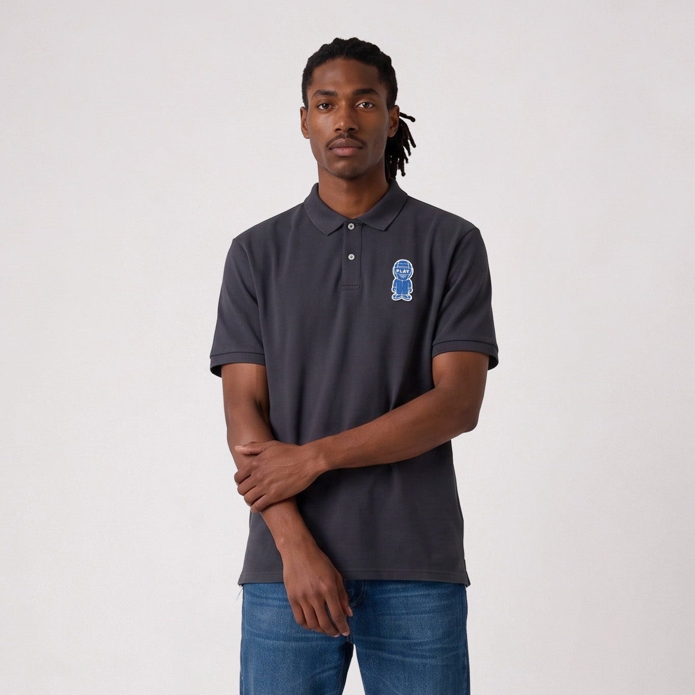 Polo piqué manches courtes badge bouclette Pilote gris asphalte SBPLAY