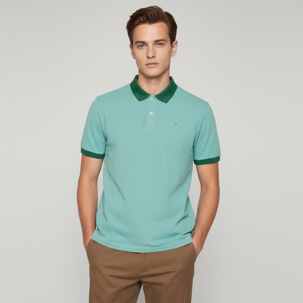 Polo piqué manches courtes en coton bleu glacier col vert sapin homme serge blanco