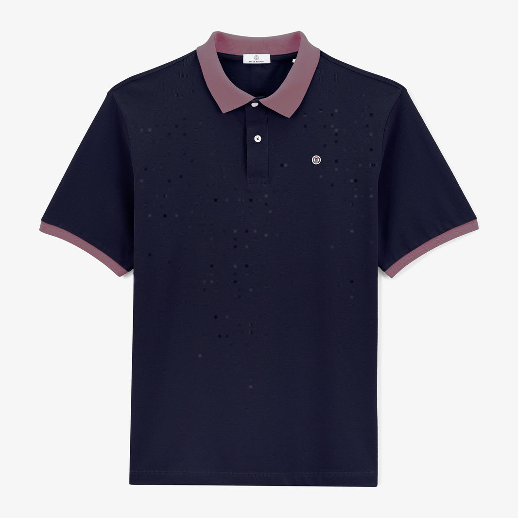 Polo de piqué de algodón azul marino con mangas cortas y cuello morado para hombre, de Serge Blanco