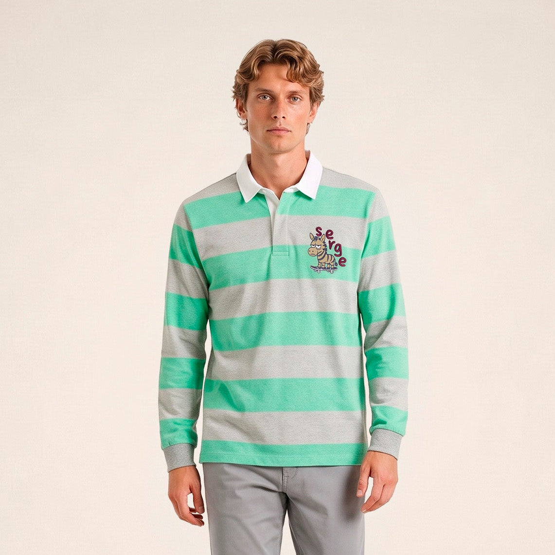 Polo rugby manches longues rayé coton gris brodé Funky Animals