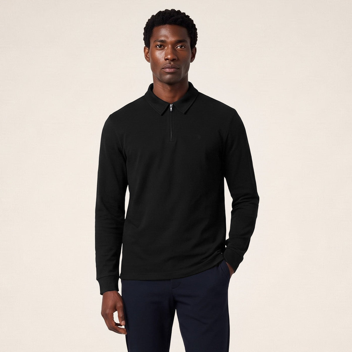 Polo zippé manches longues en coton interlock noir