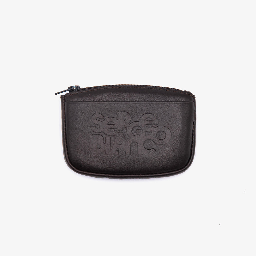 Monedero de cuero con cremallera y logotipo en relieve, color marrón 1