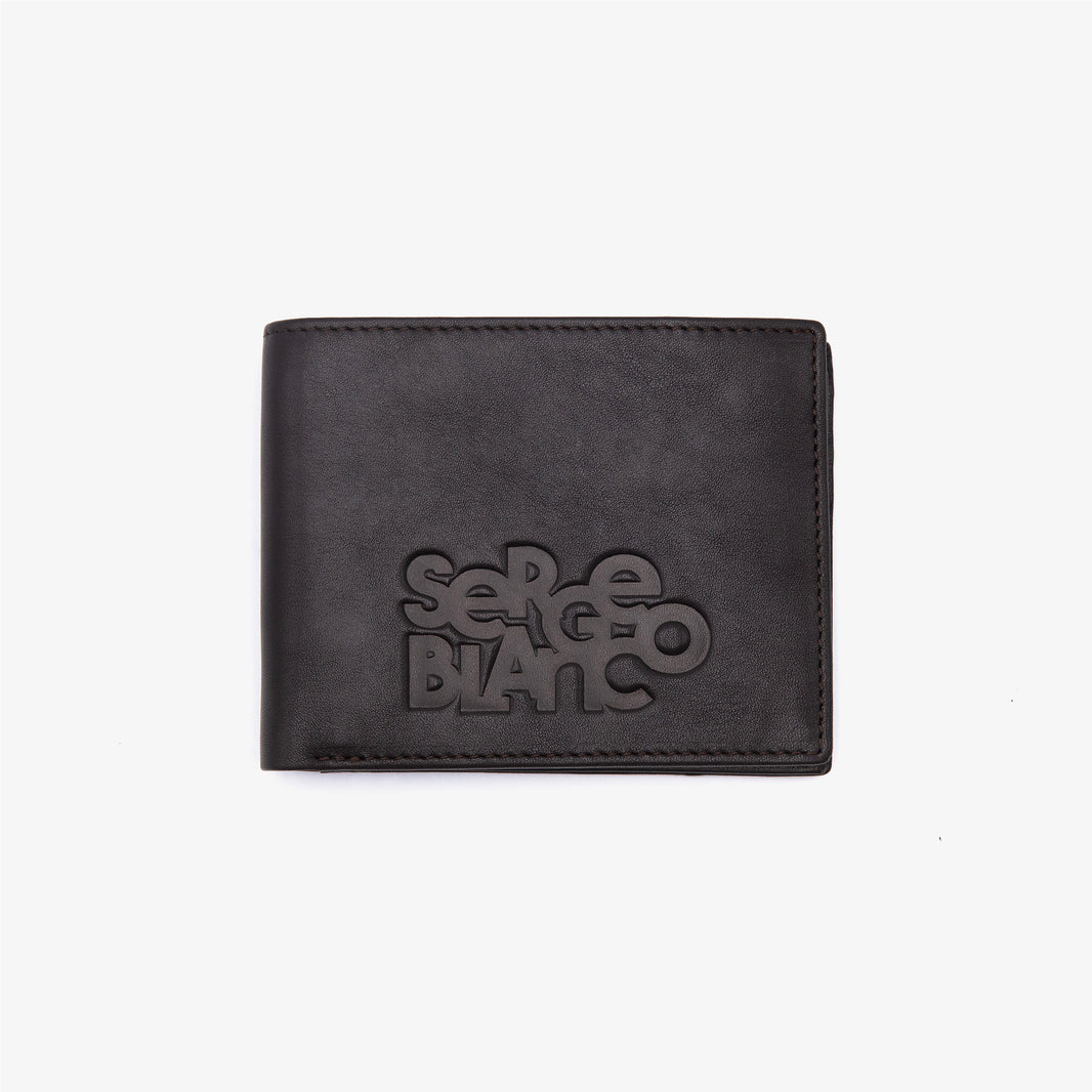 Cartera de piel con solapa y logotipo grabado, marrón 1