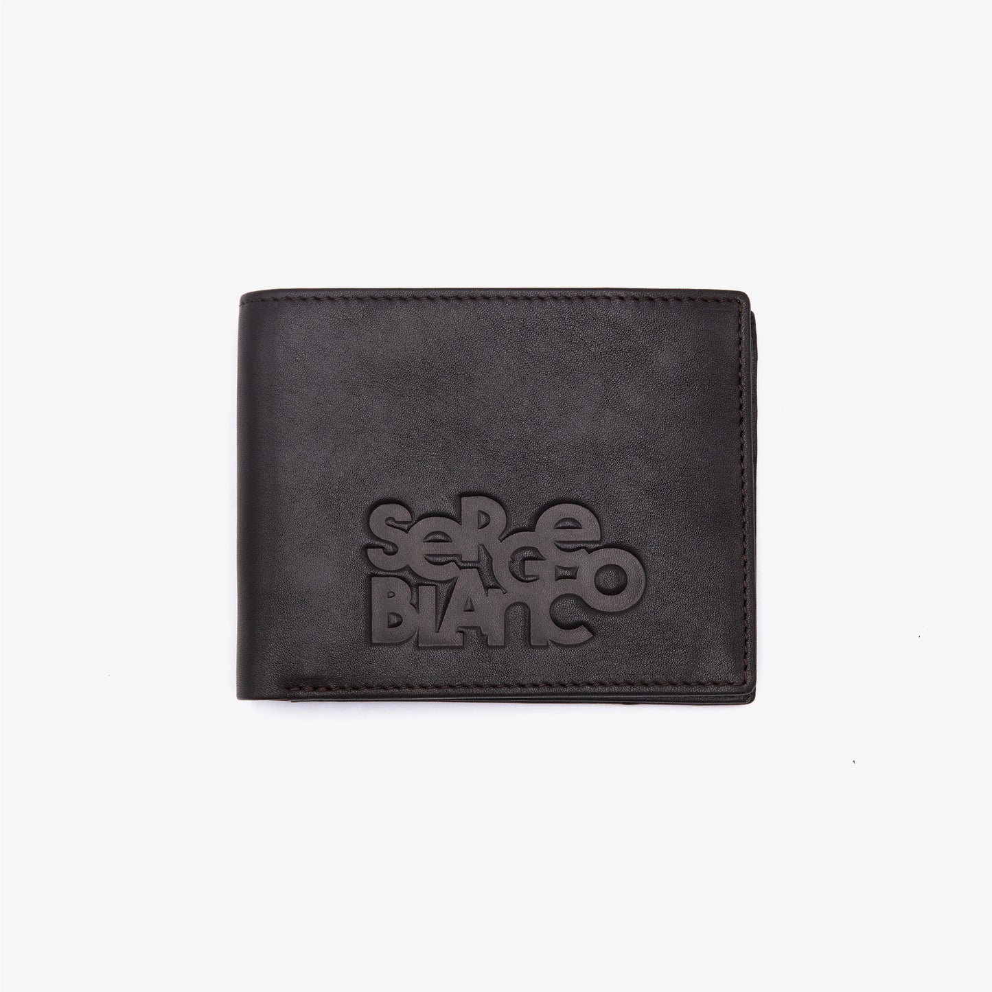 Cartera de piel con solapa y logotipo grabado, marrón 1