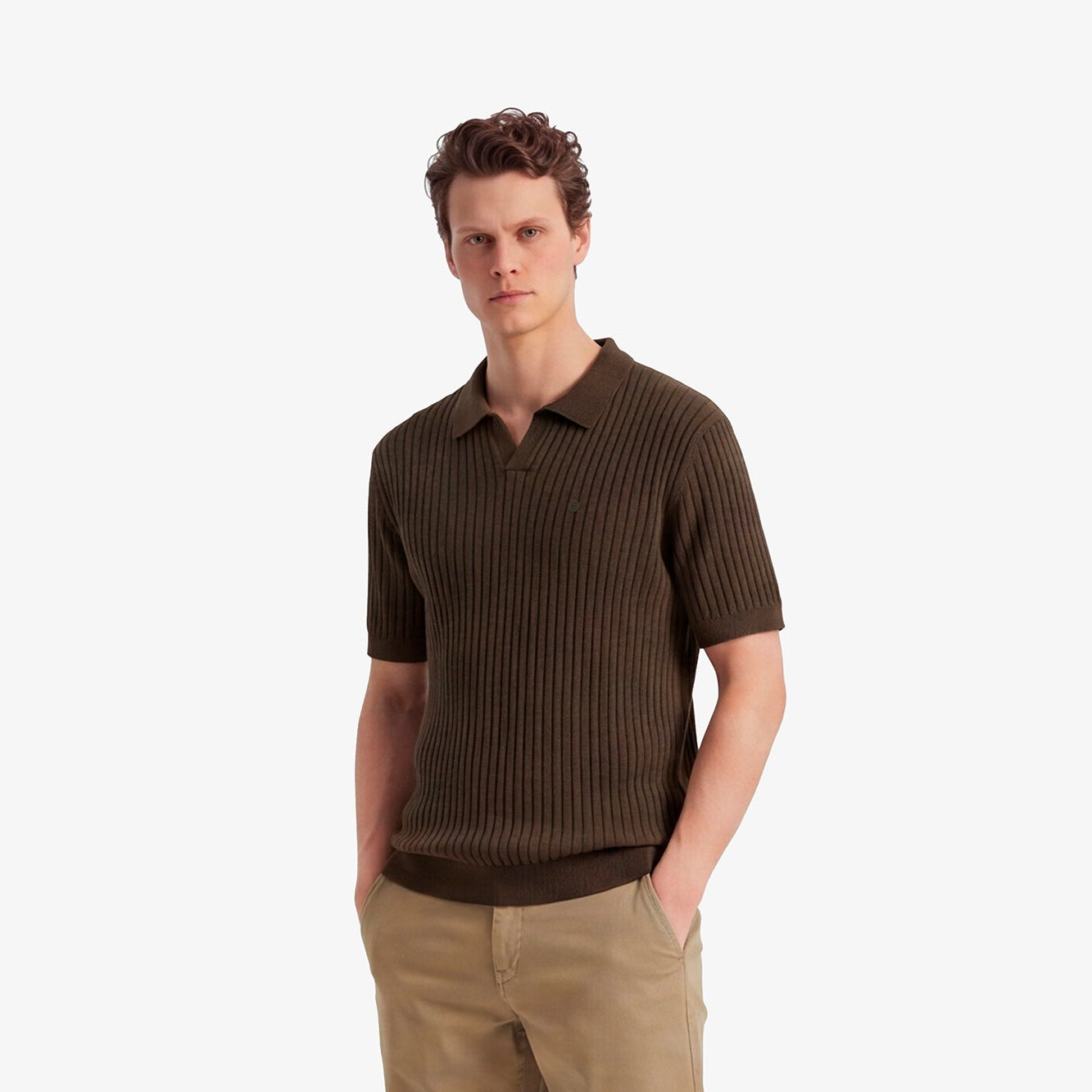 Kurzärmeliger Pullover mit Polokragen aus Baumwolle und Leinen in der Farbe Tonbraun Milan